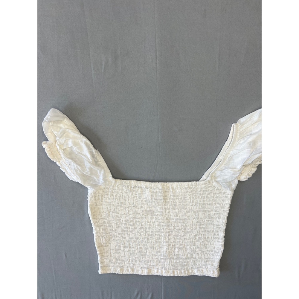 Billabong Womens White Smocked Puff Sleeve Crop Top Square Neck Boho Medium